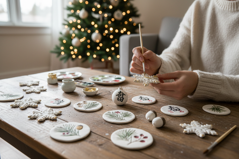 5 Premium Weihnachtsanhänger mit japanischem lufttrocknendem Ton: Elegante Festtagskunst