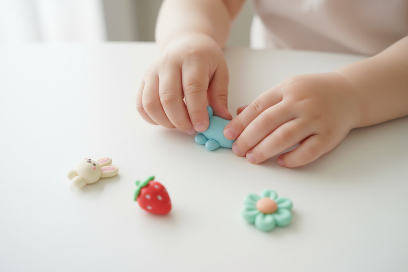 Kind formt kleine Tonfigur aus Air Dry Clay – pummeligen Kinderhände formen Miniatur aus Resin Clay auf weißem Tisch