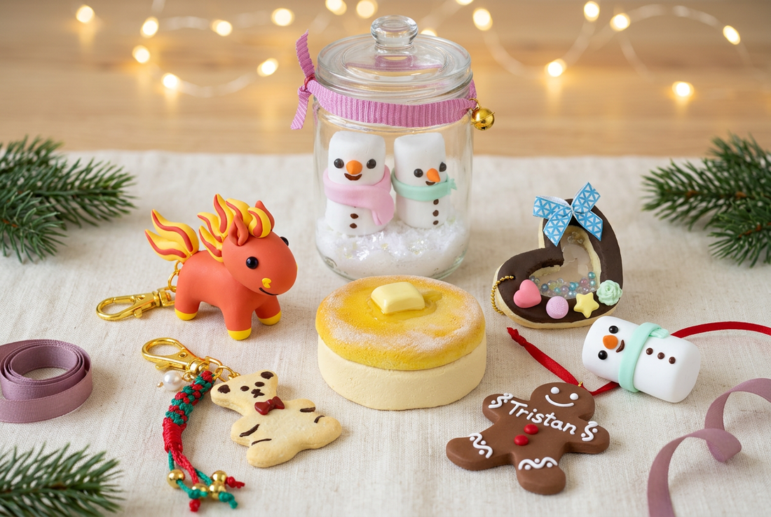 Handmade clay Christmas gift ideas arranged on a wooden craft table, including character keychains, snowmen in a jar, a pancake-shaped box, a heart shaker and a personalized gingerbread ornament.