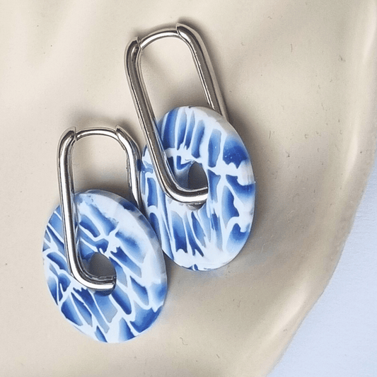 Poolside Donut Pendant Earrings on Silver Square Hoops