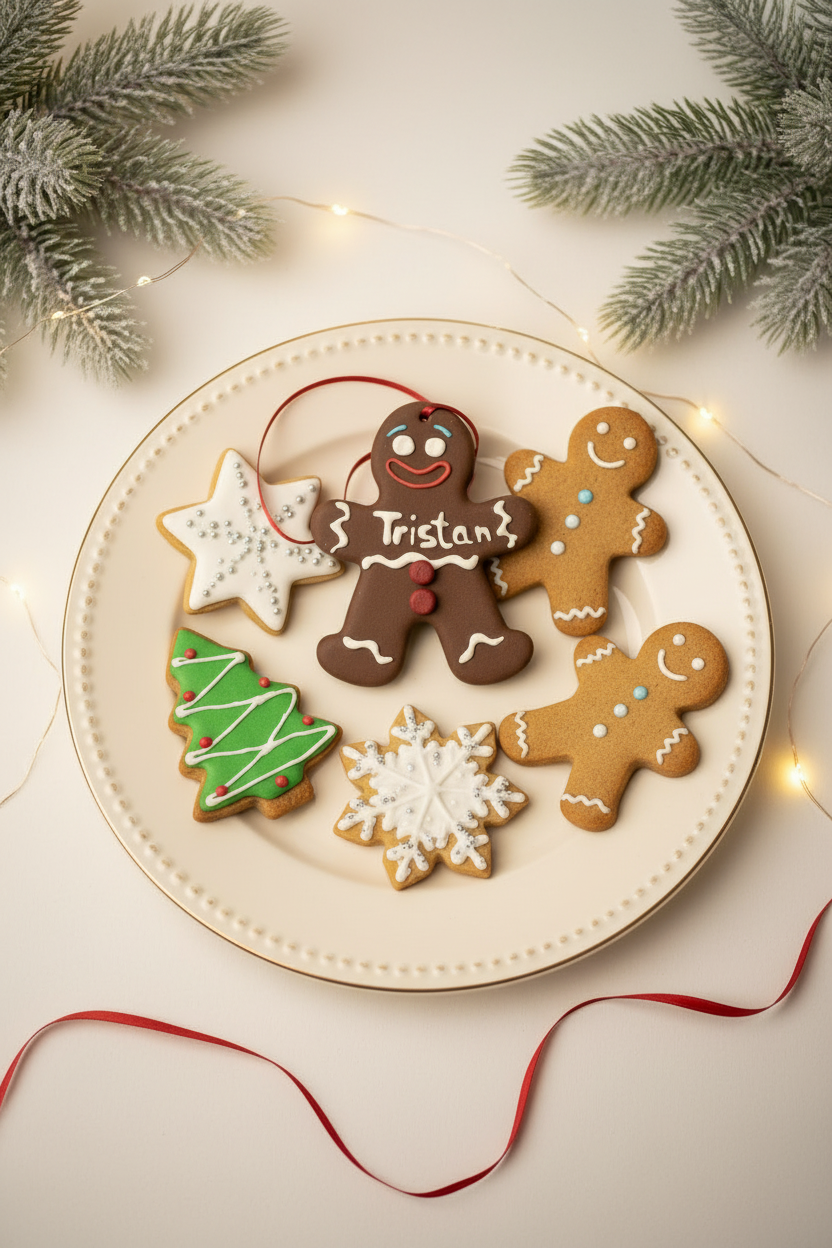 Personalisierter Lebkuchenmann Baumschmuck mit Wunschname auf einem Weihnachtsteller mit Keksen