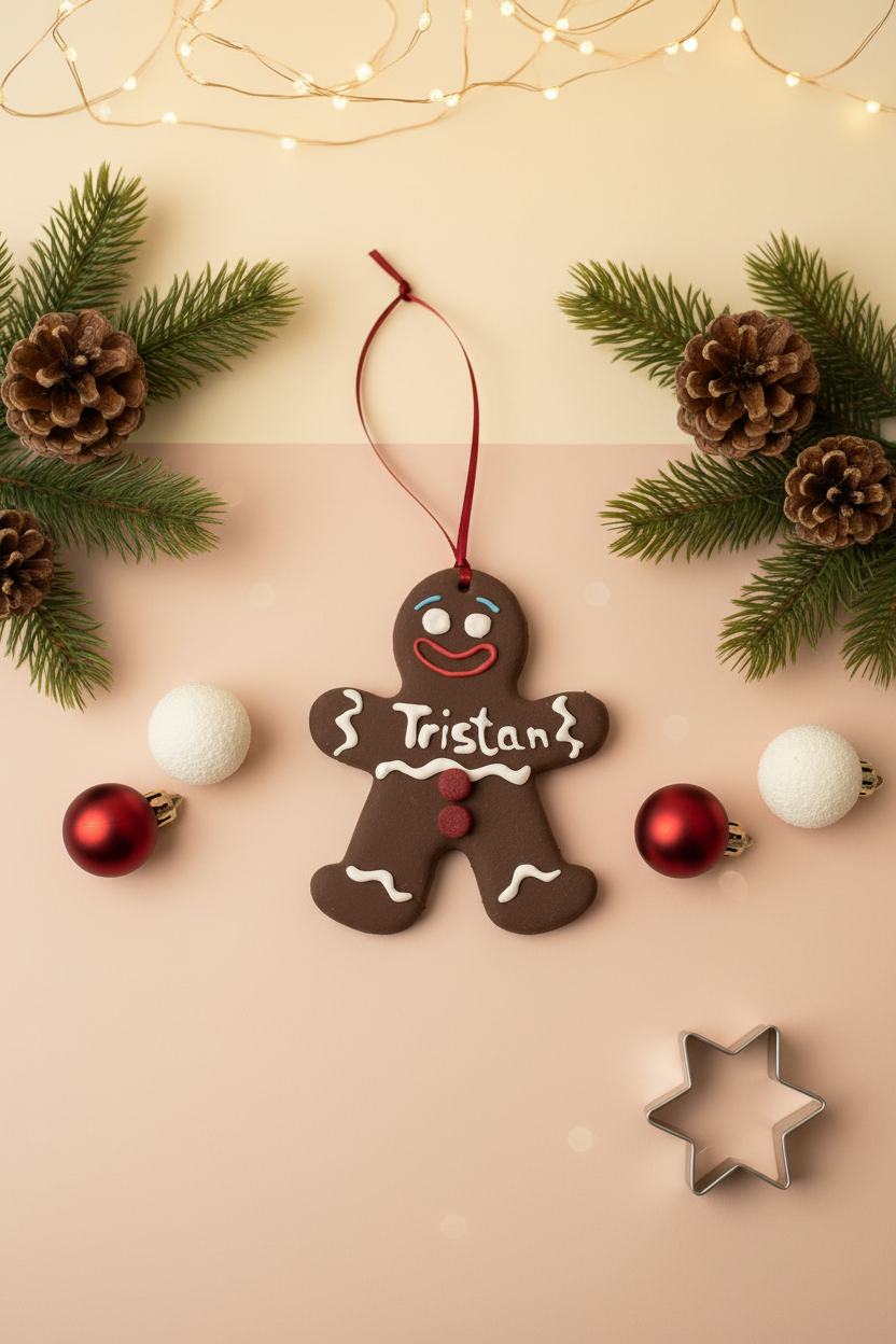 Lebkuchenmann Christbaumschmuck aus Chocolate Clay mit Wunschname in faux Zuckerguss
