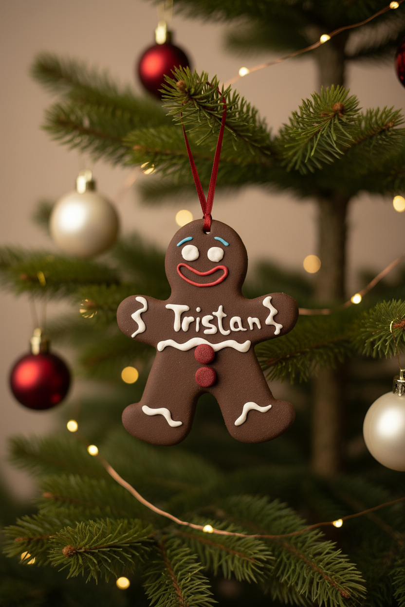 Personalisierter Weihnachtsbaumschmuck Lebkuchenmann am Christbaum mit tiefrotem Satinband
