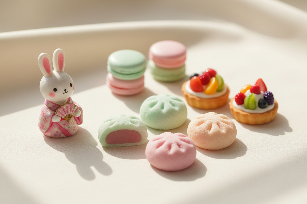 Hyper-realistic miniature food and Kawaii bunny figurine handmade with Aura Clay® Japanese air-dry resin clay – featuring colorful macarons, fruit tarts, and mochi.