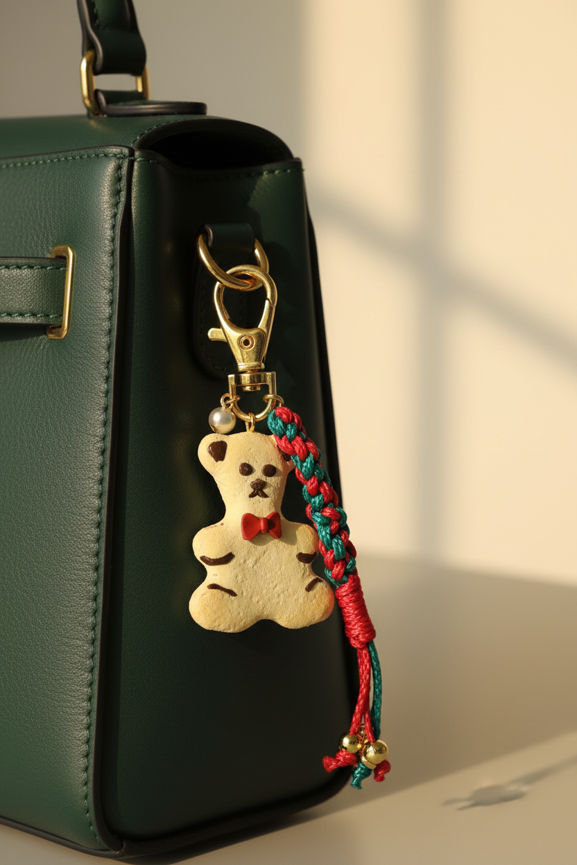 Mini Bag Charm Teddybär an einer grünen Handtasche