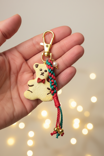 Teddy Bag Charm Weihnachtskeks in der Hand vor Lichterkette